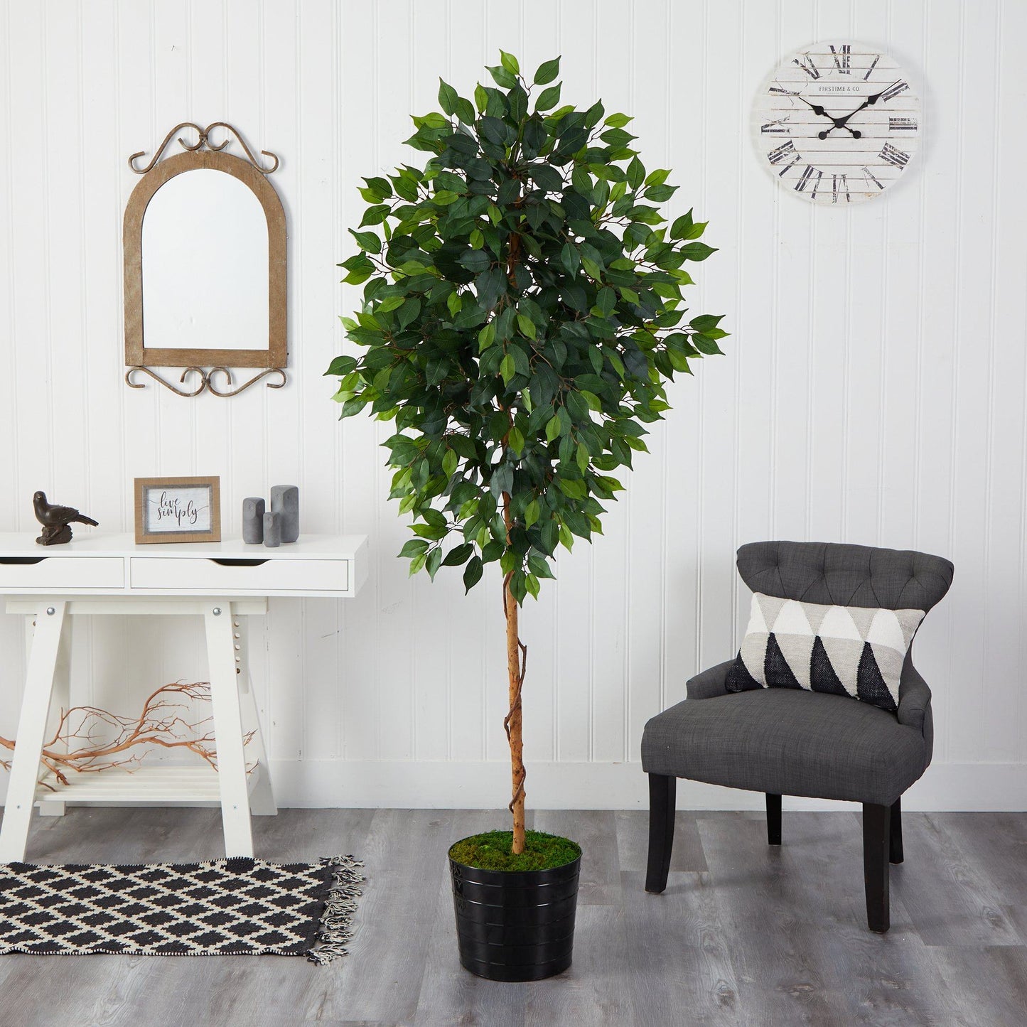 74” Ficus Artificial tree in Black Tin Planter