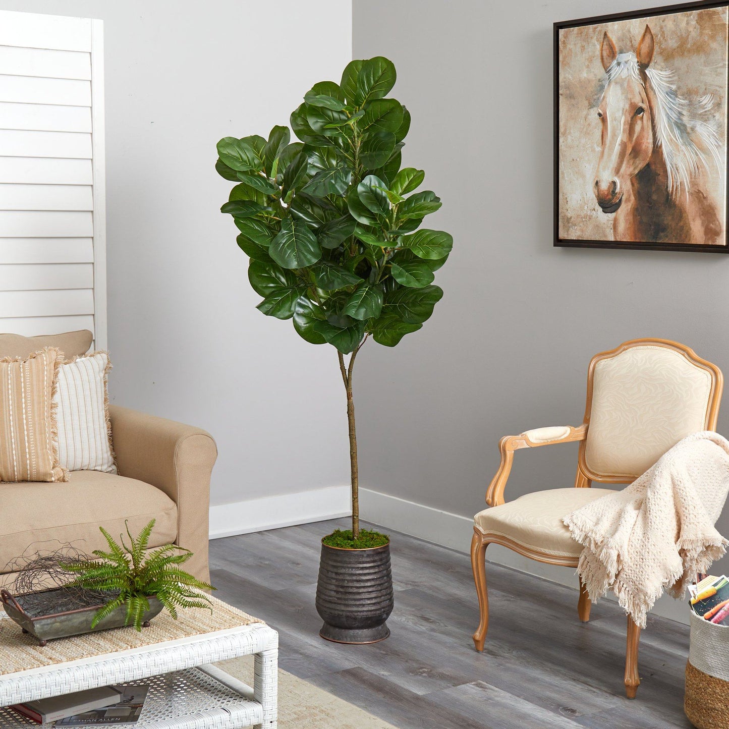 74” Fiddle leaf Fig Artificial Tree in Ribbed Metal Planter