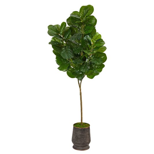 74” Fiddle leaf Fig Artificial Tree in Ribbed Metal Planter