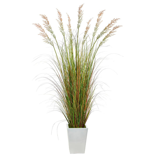 74” Grass Artificial Plant in White Metal Planter