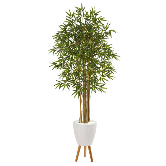 Árbol artificial de bambú Multi Bambusa de 74” en maceta blanca con soporte