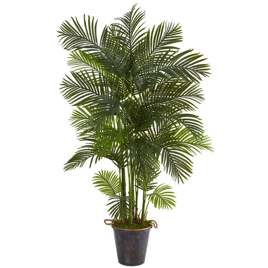 Palmera artificial de areca de 75” en balde de metal decorativo con cuerda