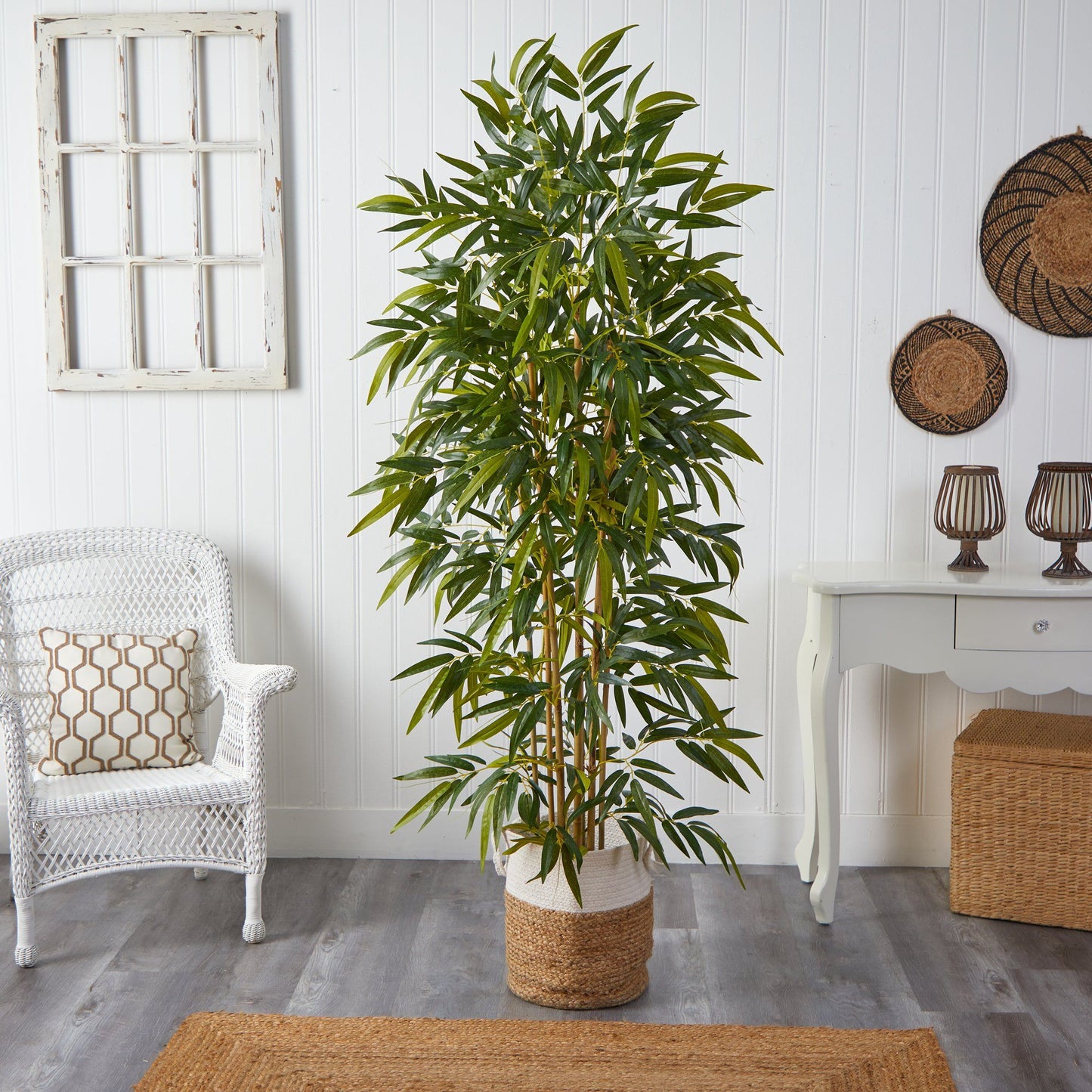 Árbol artificial de bambú de 75” en macetero de algodón y yute natural hecho a mano