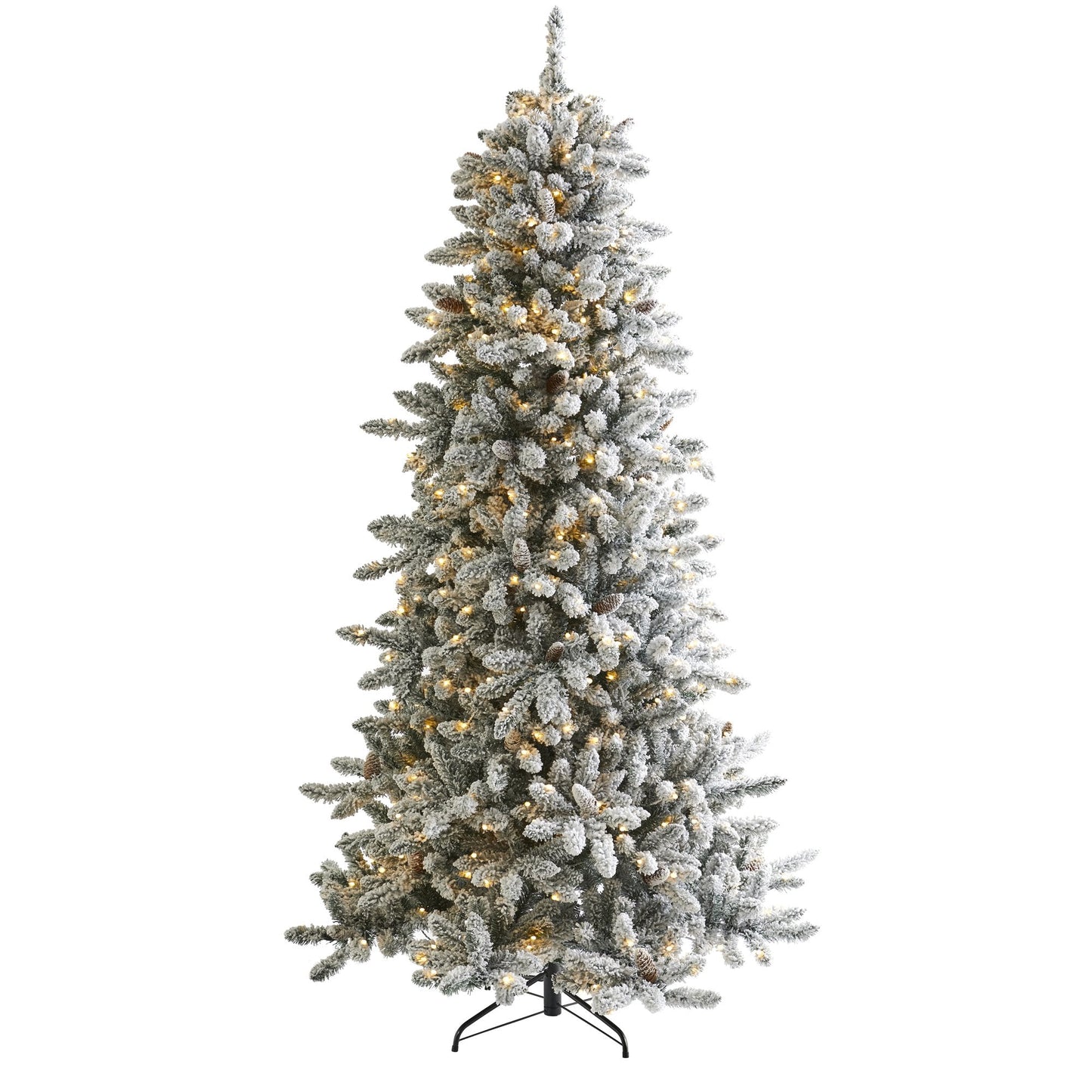 Árbol de Navidad artificial de abeto Livingston flocado de 7,5 pies con piñas y 500 luces LED transparentes y cálidas