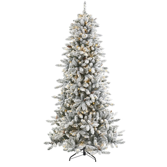 Árbol de Navidad artificial de abeto Livingston flocado de 7,5 pies con piñas y 500 luces LED transparentes y cálidas