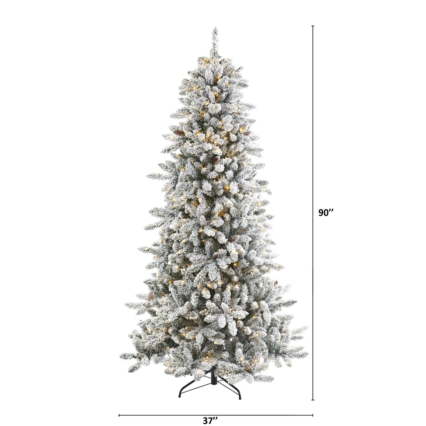 Árbol de Navidad artificial de abeto Livingston flocado de 7,5 pies con piñas y 500 luces LED transparentes y cálidas