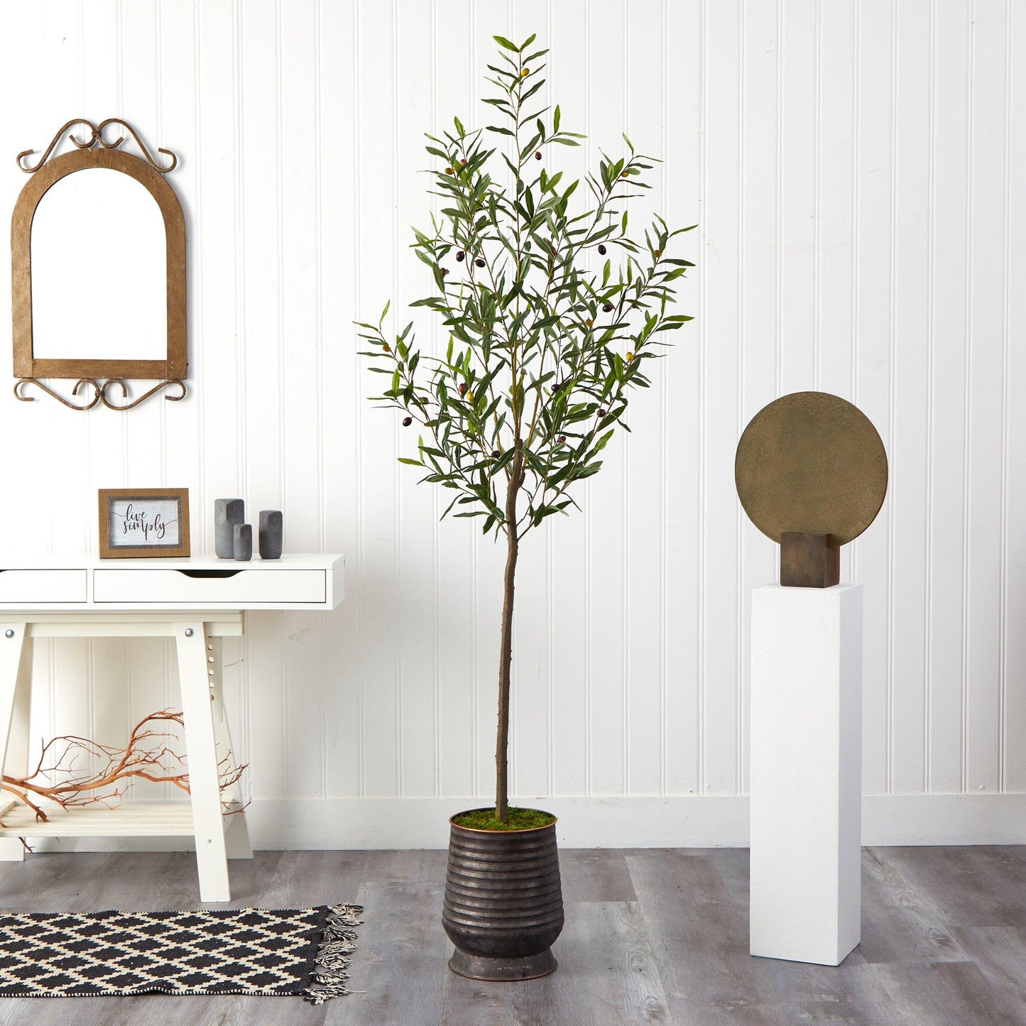 75” Olive Artificial Tree in Ribbed Metal Planter