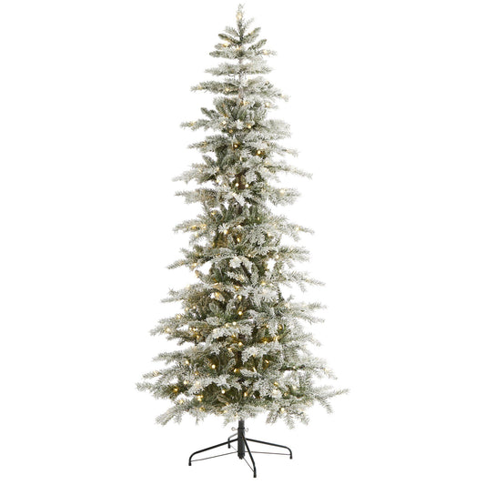 Árbol de Navidad artificial de abeto de Nueva Escocia flocado y delgado de 7,5 pies con 450 luces LED de color blanco cálido y 909 ramas flexibles