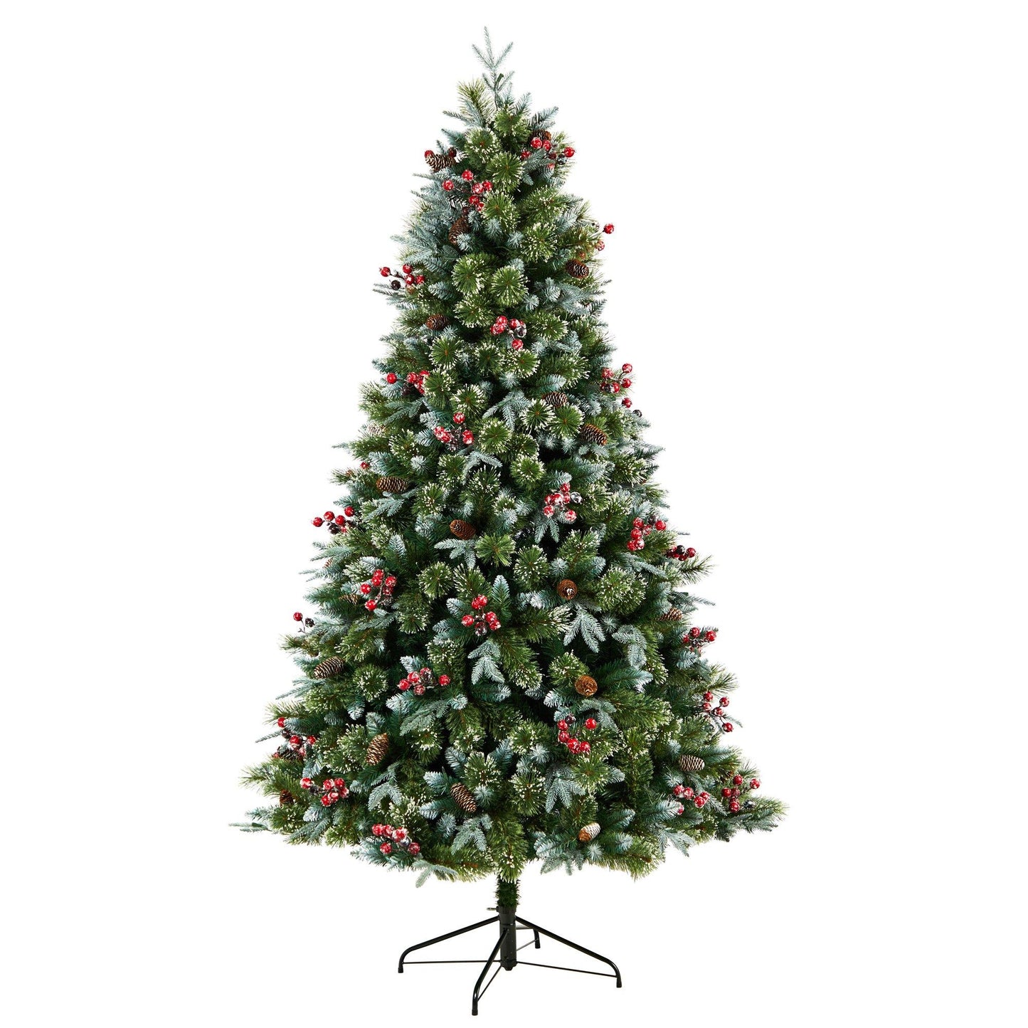 Arbre de 7,5 pi avec sapin de peuplier enneigé et 450 lumières LED, baies et pommes de pin