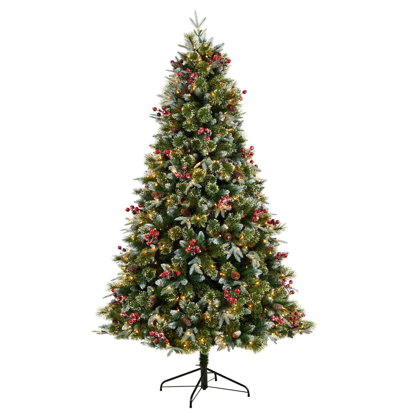 Arbre de 7,5 pi avec sapin de peuplier enneigé et 450 lumières LED, baies et pommes de pin