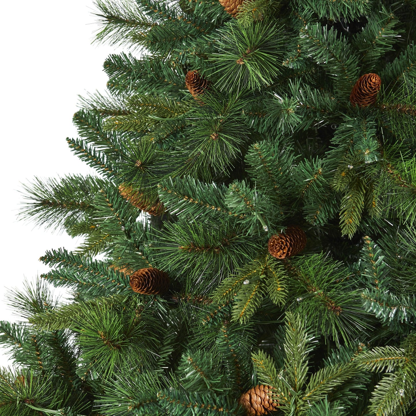 Árbol de Navidad artificial de pino mixto de Virginia Occidental de 7,5 pies con cuerpo completo, 600 luces LED transparentes y piñas