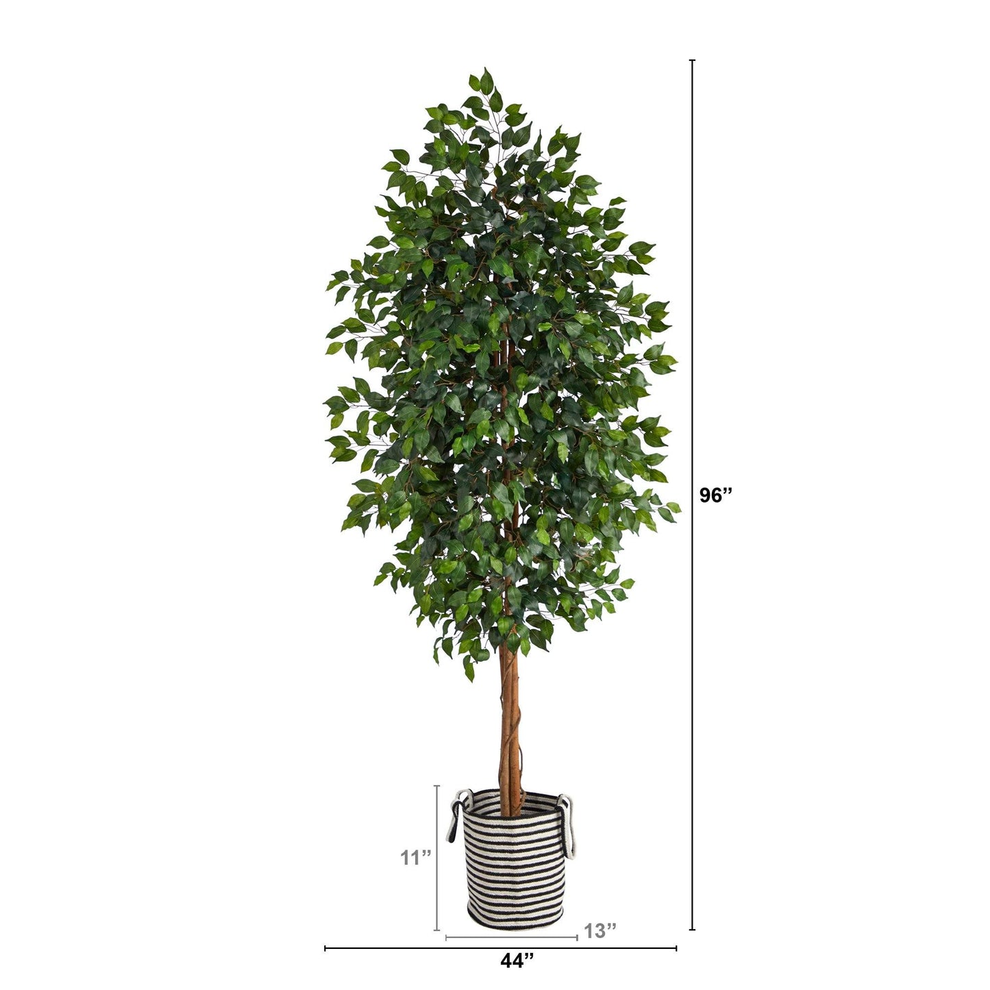 Árbol ficus artificial de 8 pies en macetero de yute y algodón natural en blanco y negro hecho a mano