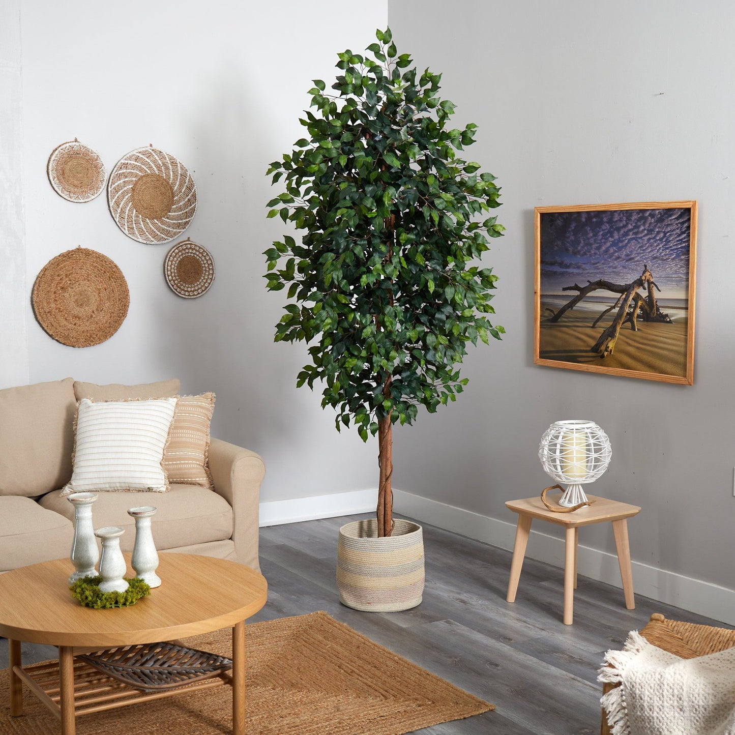 Arbre artificiel Ficus de 8 pi avec jardinière tissée multicolore en coton naturel fait à la main