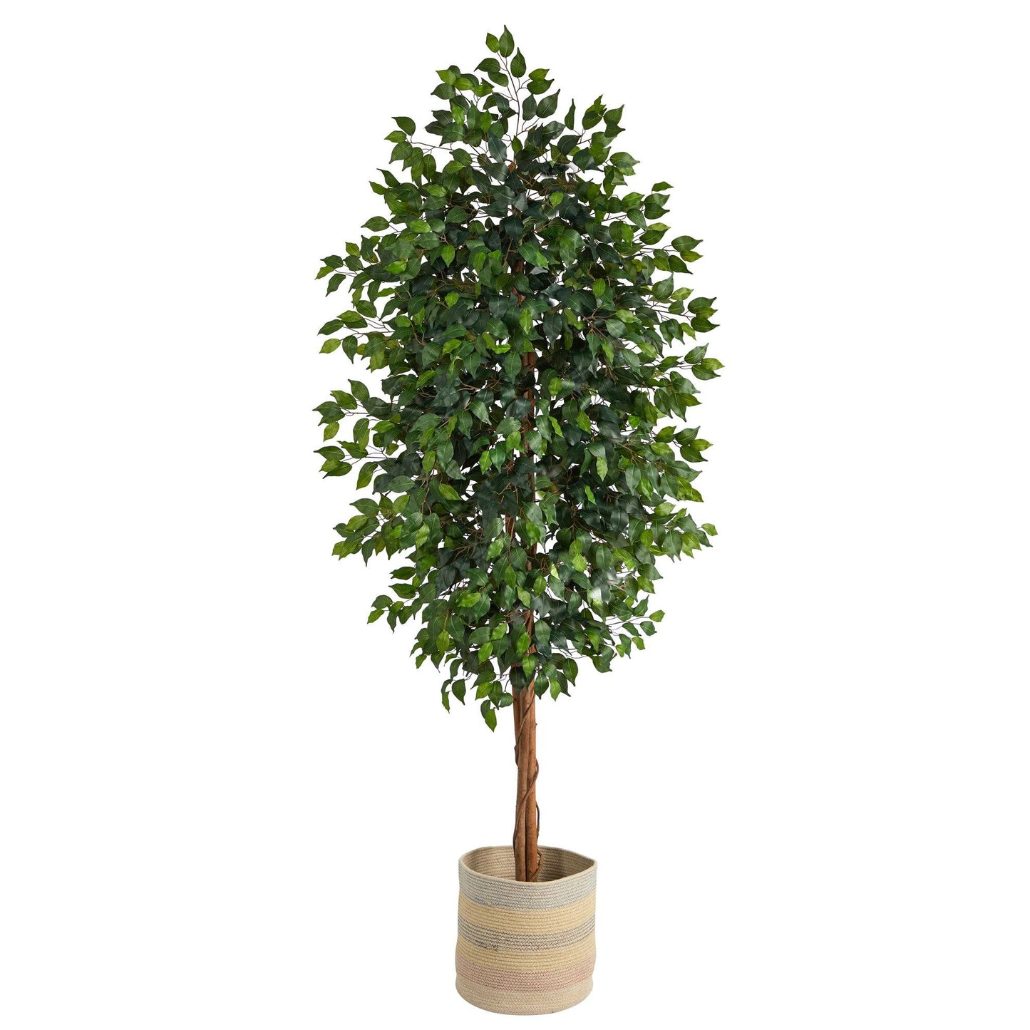 Arbre artificiel Ficus de 8 pi avec jardinière tissée multicolore en coton naturel fait à la main