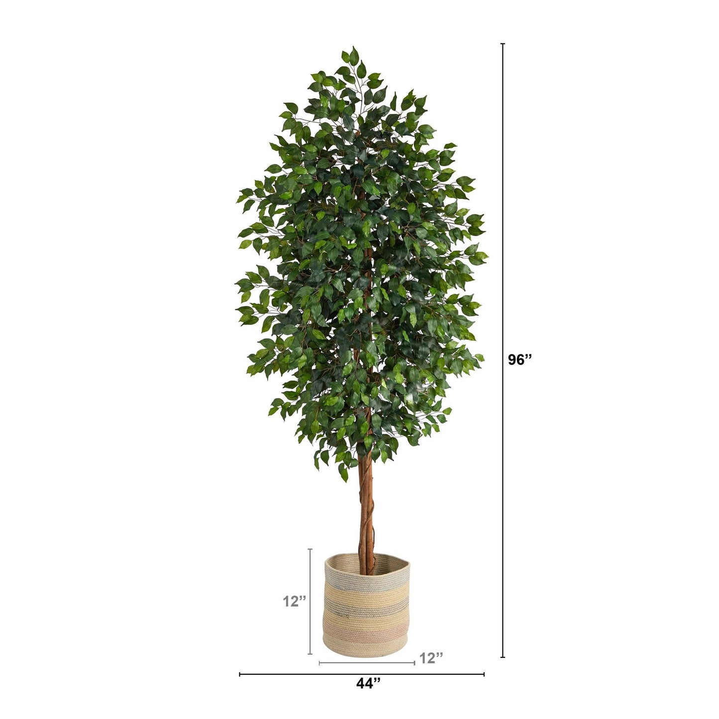 Arbre artificiel Ficus de 8 pi avec jardinière tissée multicolore en coton naturel fait à la main