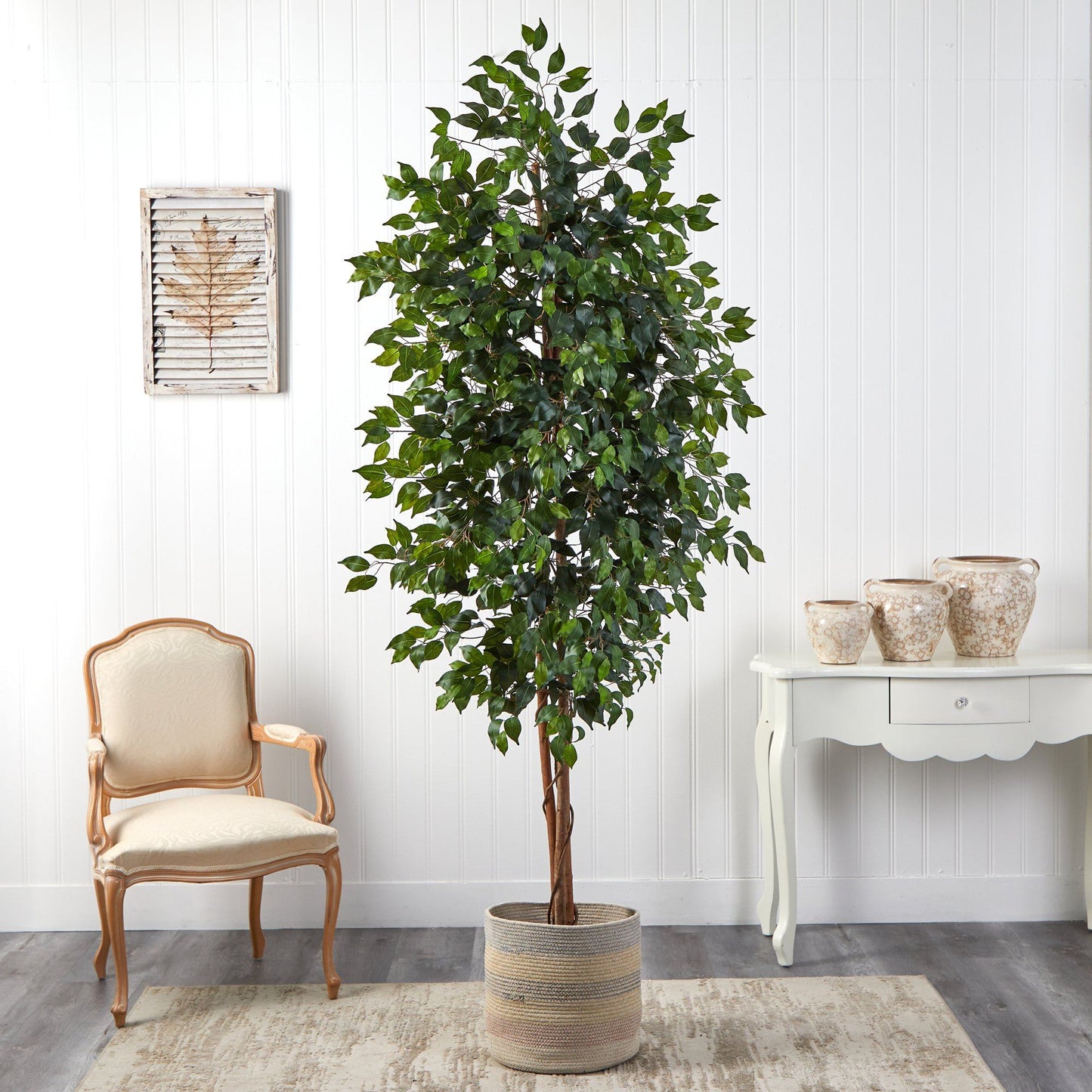 Arbre artificiel Ficus de 8 pi avec jardinière tissée multicolore en coton naturel fait à la main