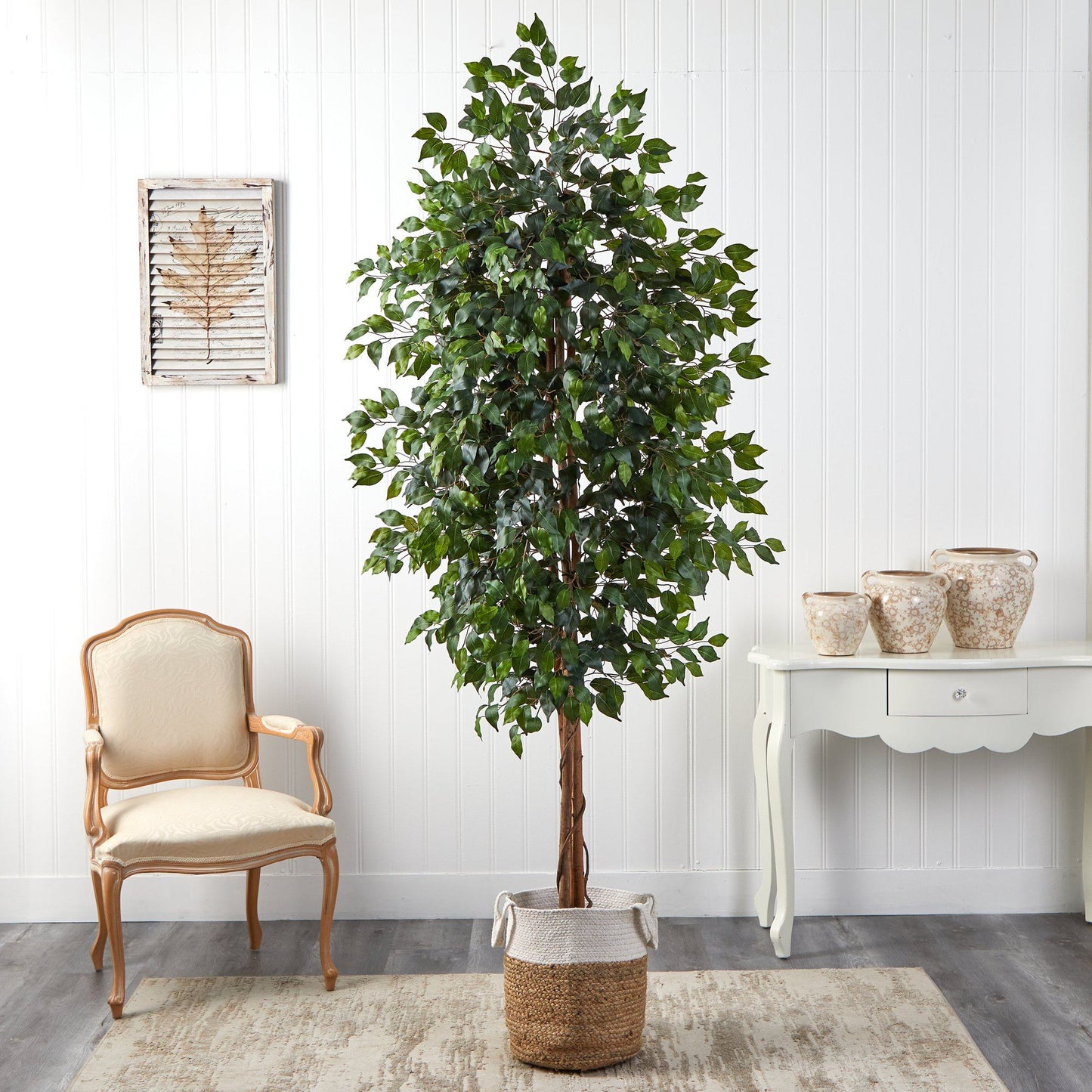 Arbre artificiel Ficus de 8 pi avec jardinière en jute et coton naturels faits à la main