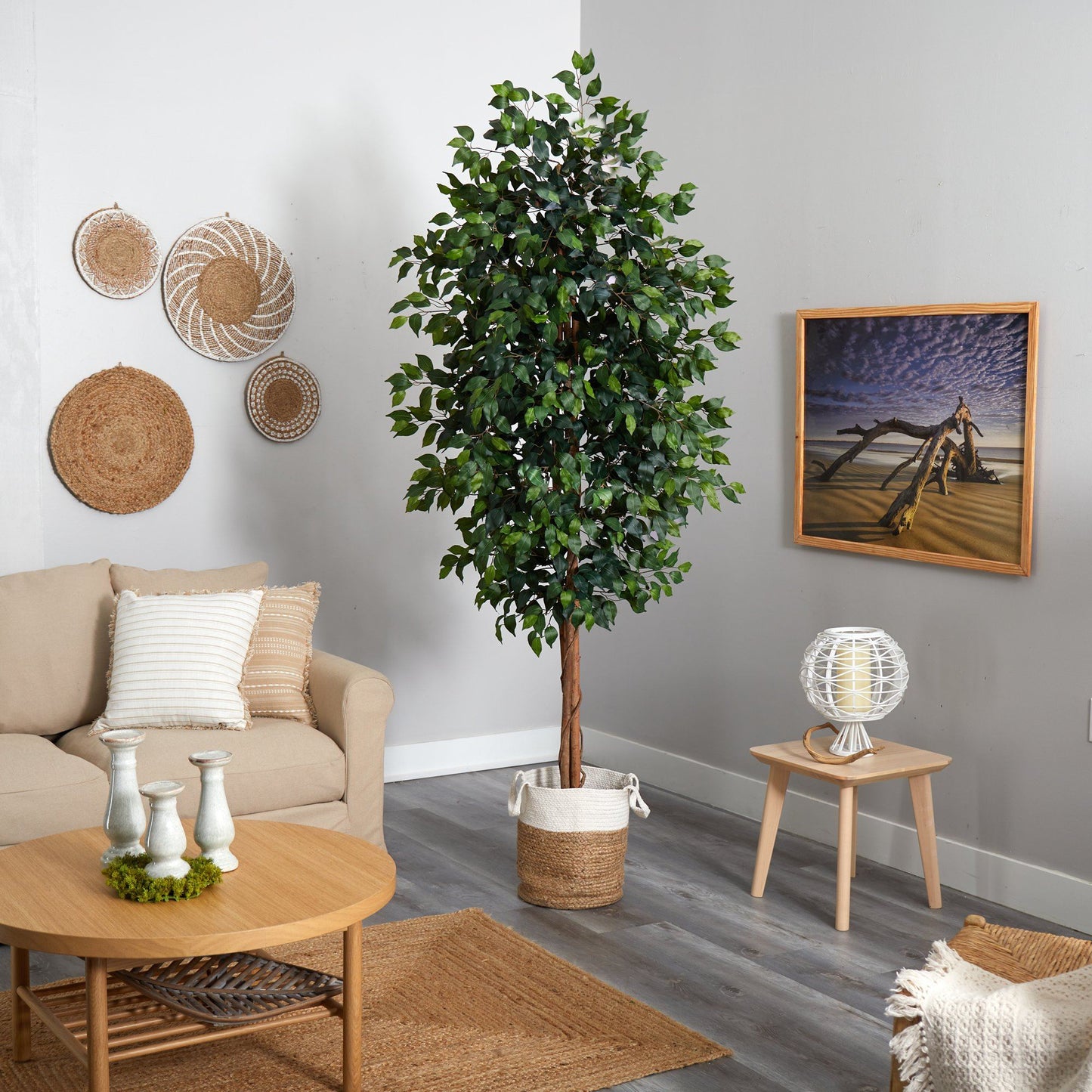 Arbre artificiel Ficus de 8 pi avec jardinière en jute et coton naturels faits à la main