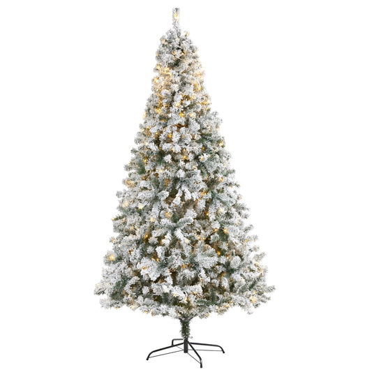 Sapin de Noël artificiel en épicéa floqué de 8 pi avec 500 lumières LED transparentes et 1186 branches pliables