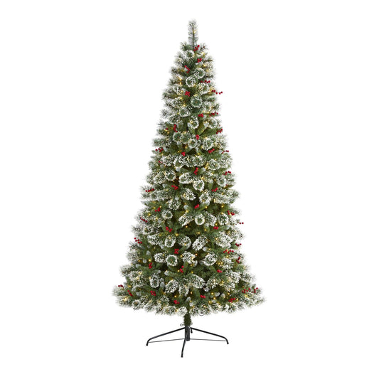 Árbol de Navidad artificial de pino suizo esmerilado de 8 pies con 550 luces LED transparentes y bayas