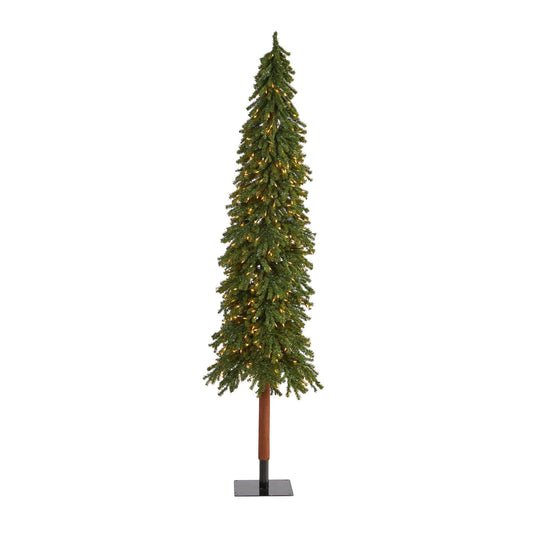 Árbol de Navidad artificial Grand Alpine de 8 pies con 500 luces transparentes y 1051 ramas sobre tronco natural