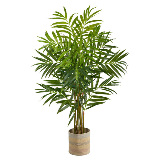 Arbre artificiel King Palm de 8 pi dans une jardinière tissée multicolore en coton naturel faite à la main