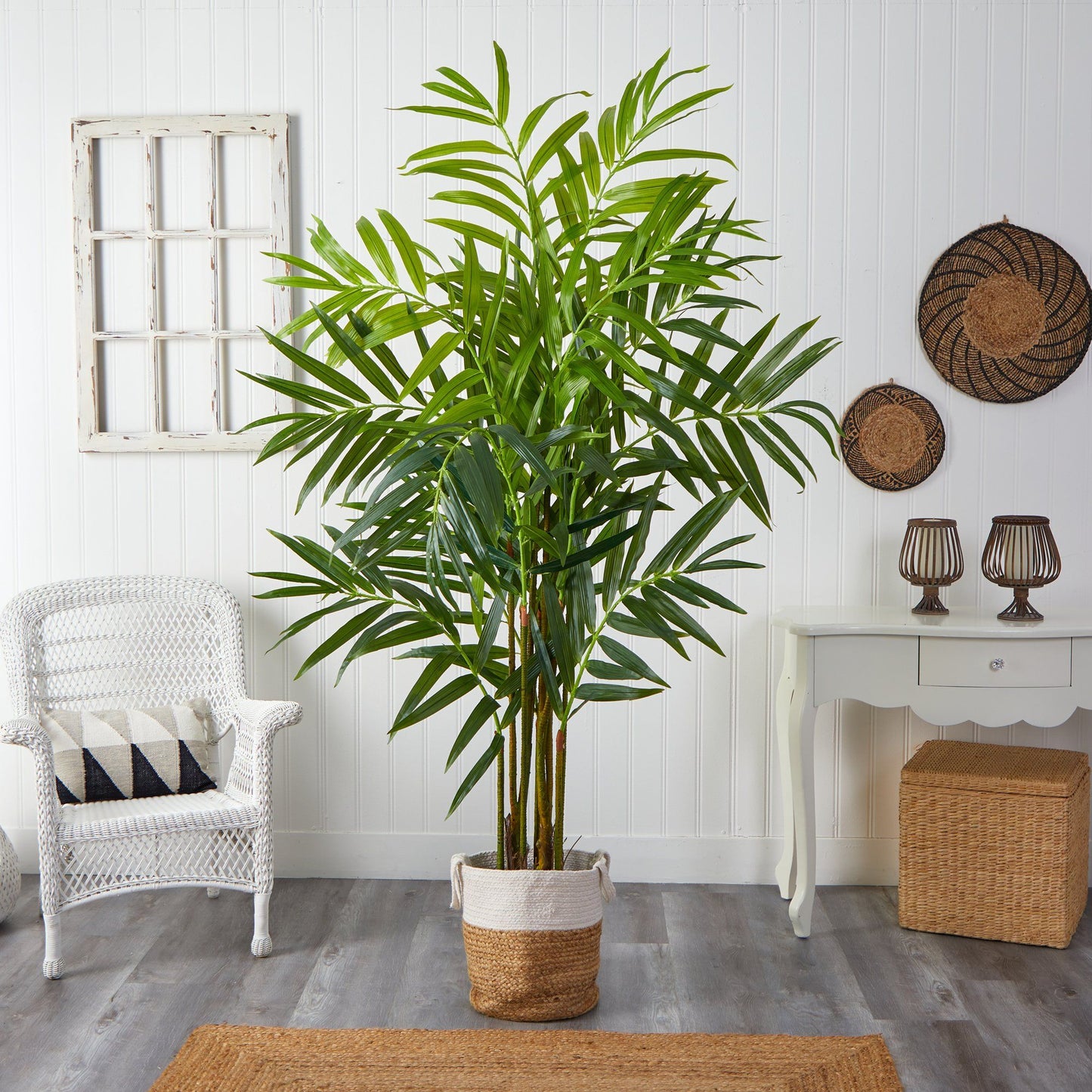 Arbre artificiel King Palm de 8 pi avec 12 branches pliables dans un pot en jute naturel et coton fait à la main