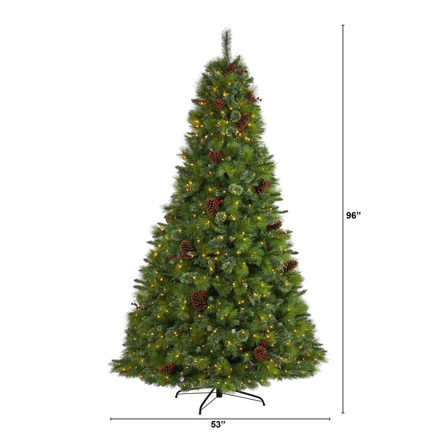 Árbol de Navidad artificial de pino mixto Montana de 8 pies con piñas, bayas y 700 luces LED transparentes