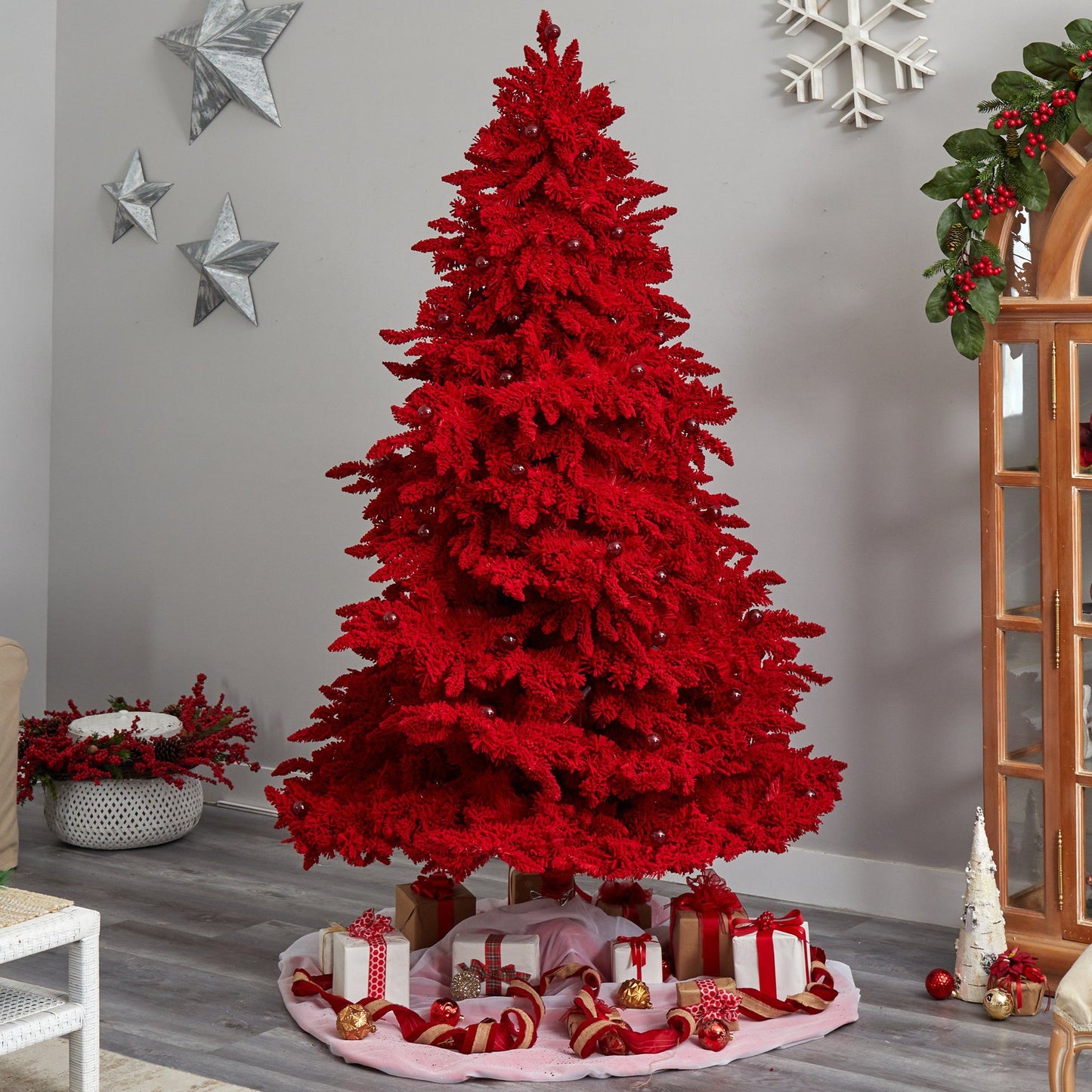 8' Red Flocked Fraser Fir Artificial Christmas Tree