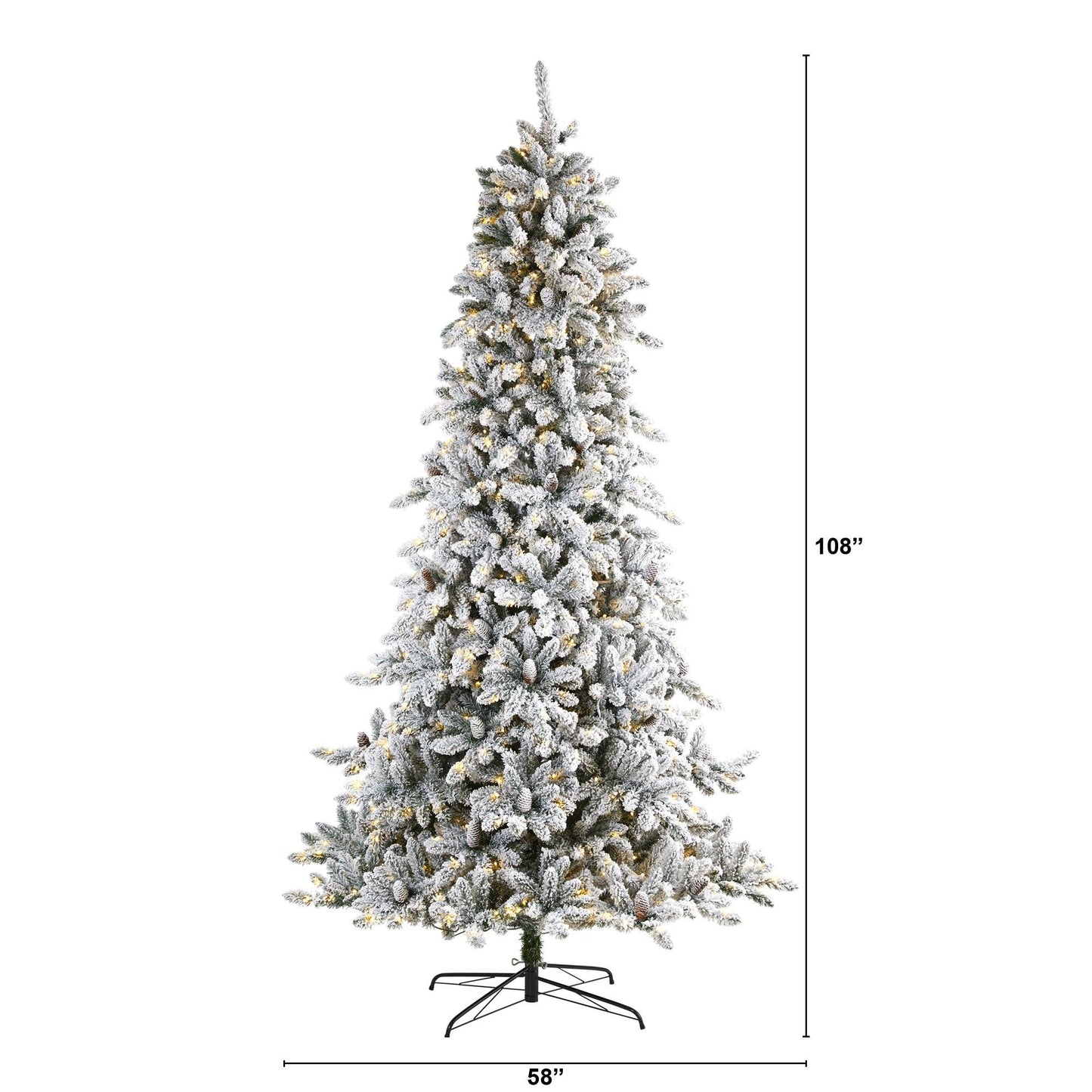 Árbol de Navidad artificial de abeto Livingston flocado de 9 pies con piñas y 650 luces LED transparentes y cálidas