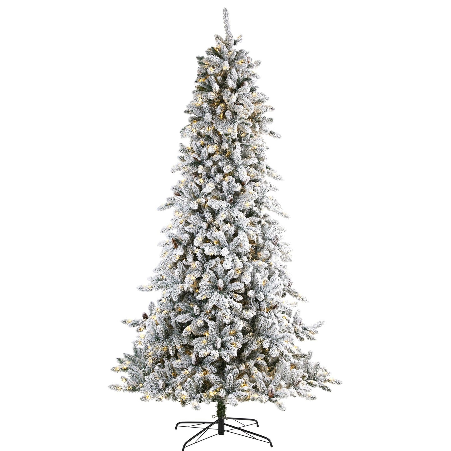 Árbol de Navidad artificial de abeto Livingston flocado de 9 pies con piñas y 650 luces LED transparentes y cálidas