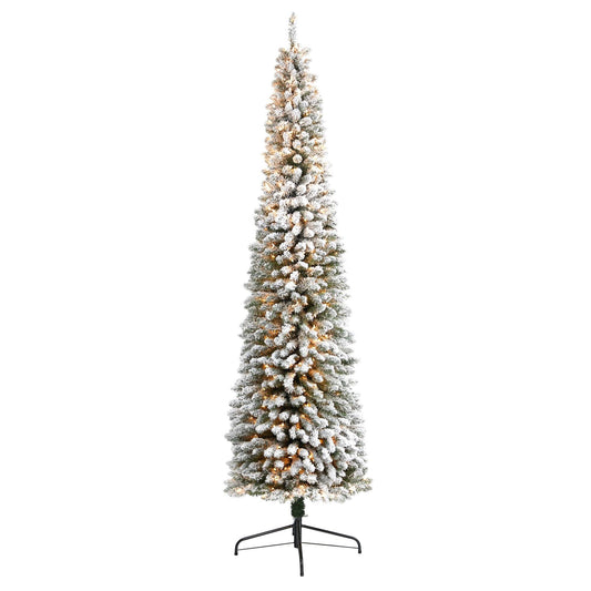 Sapin de Noël artificiel floqué de 9 pi avec 600 lumières transparentes et 896 branches pliables