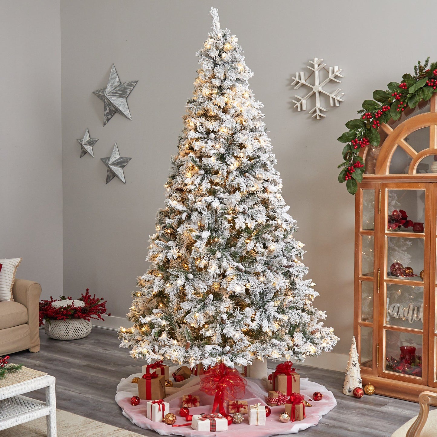 9' Flocked White River Mountain Pine Christmas Tree with Pinecones and 650 Clear LED Lights