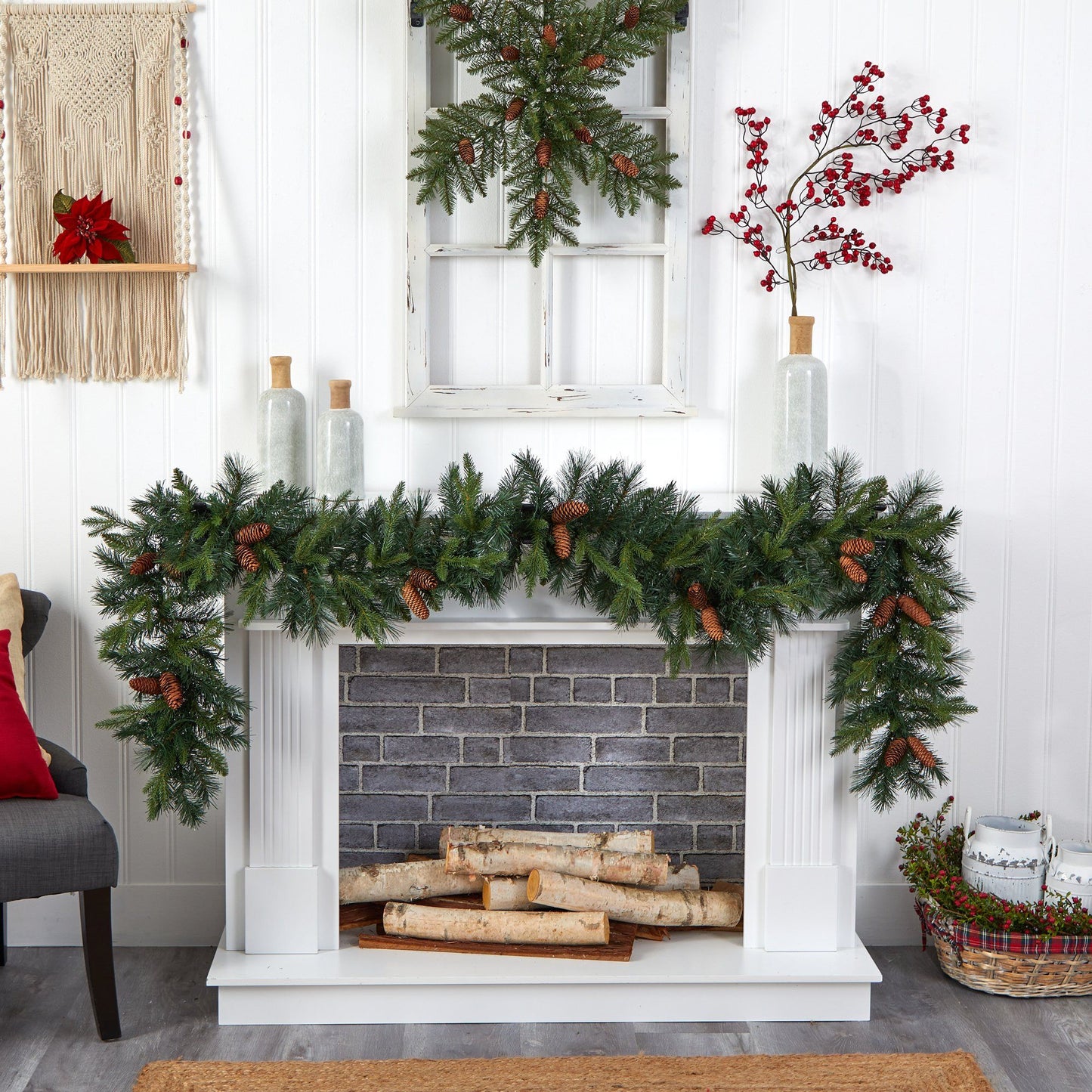 9' Mixed Pines and Pinecones Extra Wide Garland with 286 Branches and 70 Warm White LED Lights