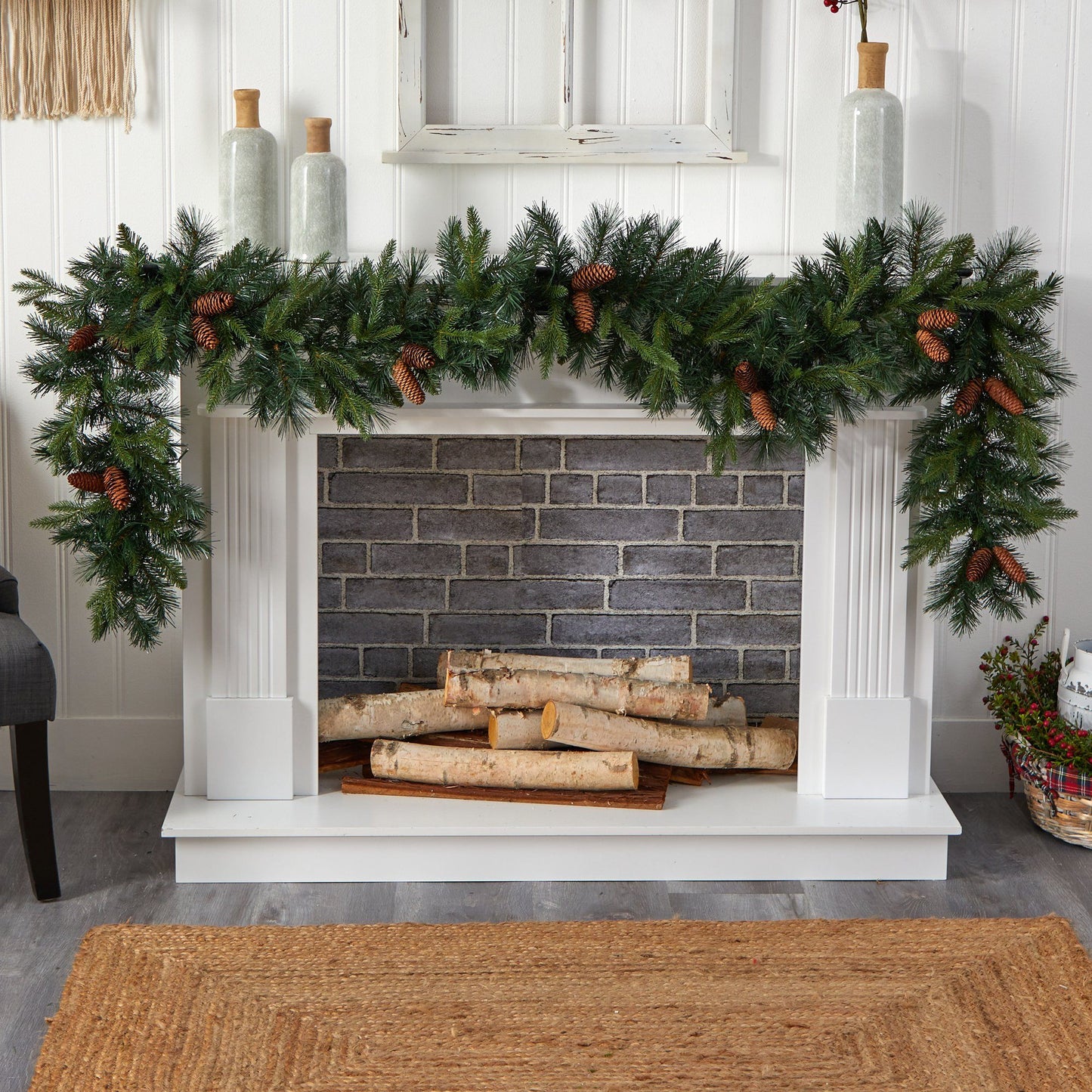 9' Mixed Pines and Pinecones Extra Wide Garland with 286 Branches and 70 Warm White LED Lights