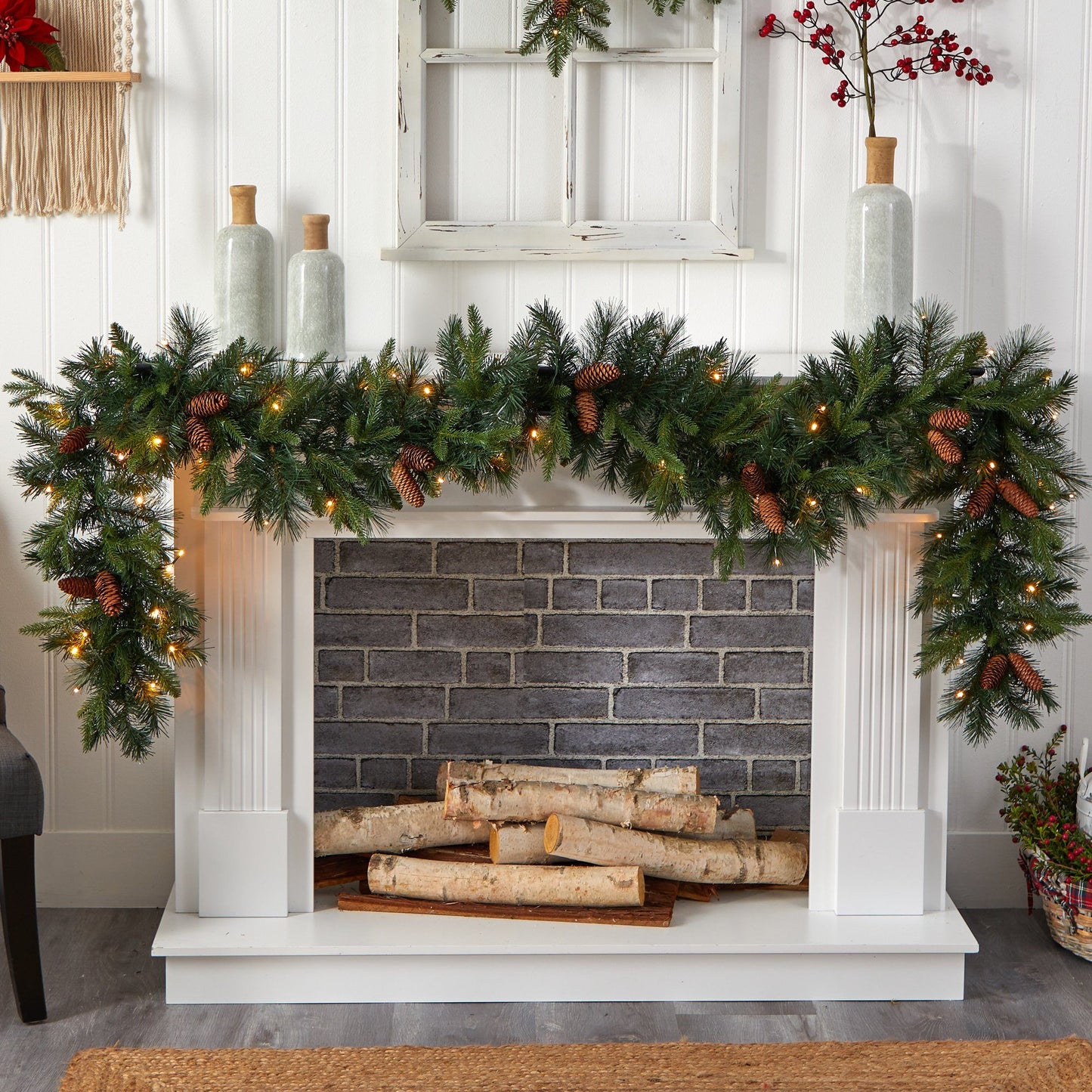 9' Mixed Pines and Pinecones Extra Wide Garland with 286 Branches and 70 Warm White LED Lights