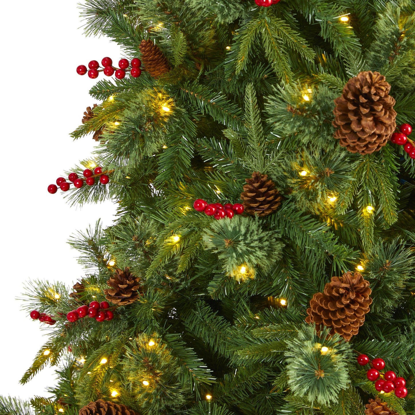 9’ Norway Mixed Pine Artificial Christmas Tree with 650 Clear LED Lights, Pine Cones and Berries