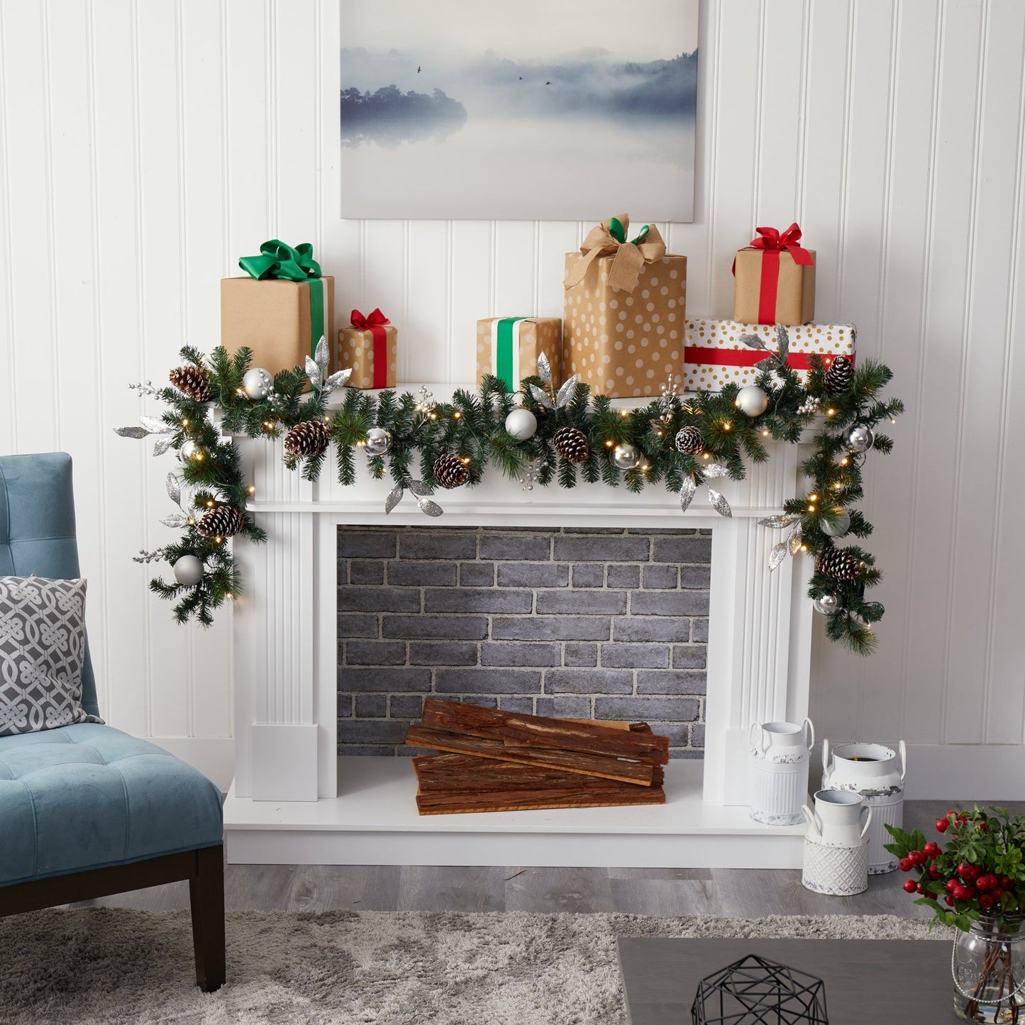 9’ Ornament and Pinecone Artificial Christmas Garland with 50 Clear LED Lights - Nearly Natural