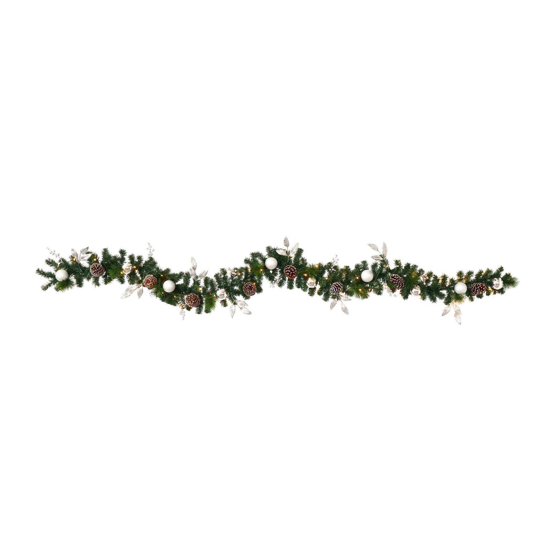 9’ Ornament and Pinecone Artificial Christmas Garland with 50 Clear LED Lights - Nearly Natural