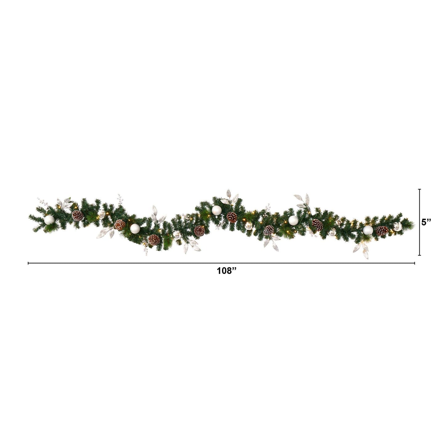 9’ Ornament and Pinecone Artificial Christmas Garland with 50 Clear LED Lights - Nearly Natural