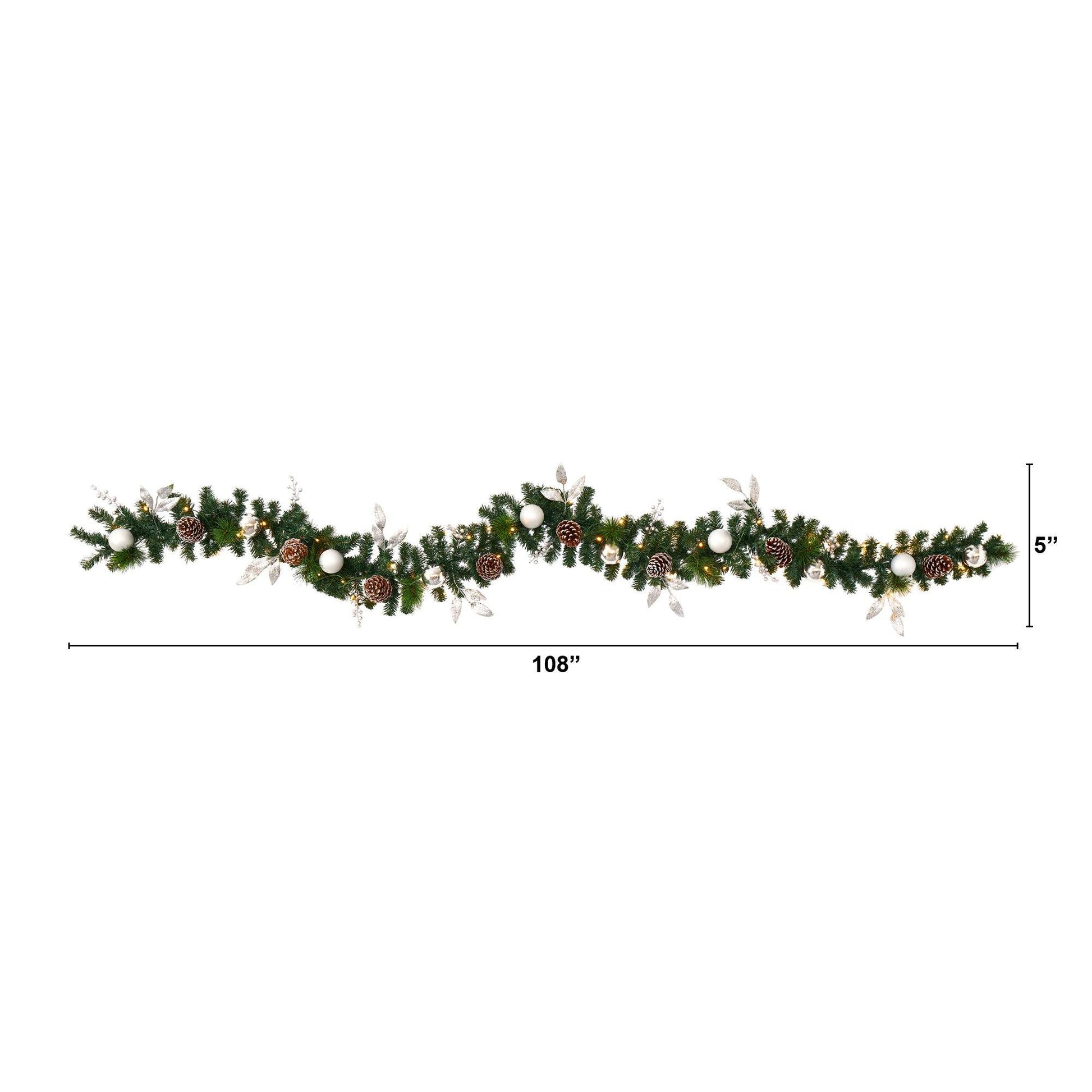 9’ Ornament and Pinecone Artificial Christmas Garland with 50 Clear LED Lights - Nearly Natural