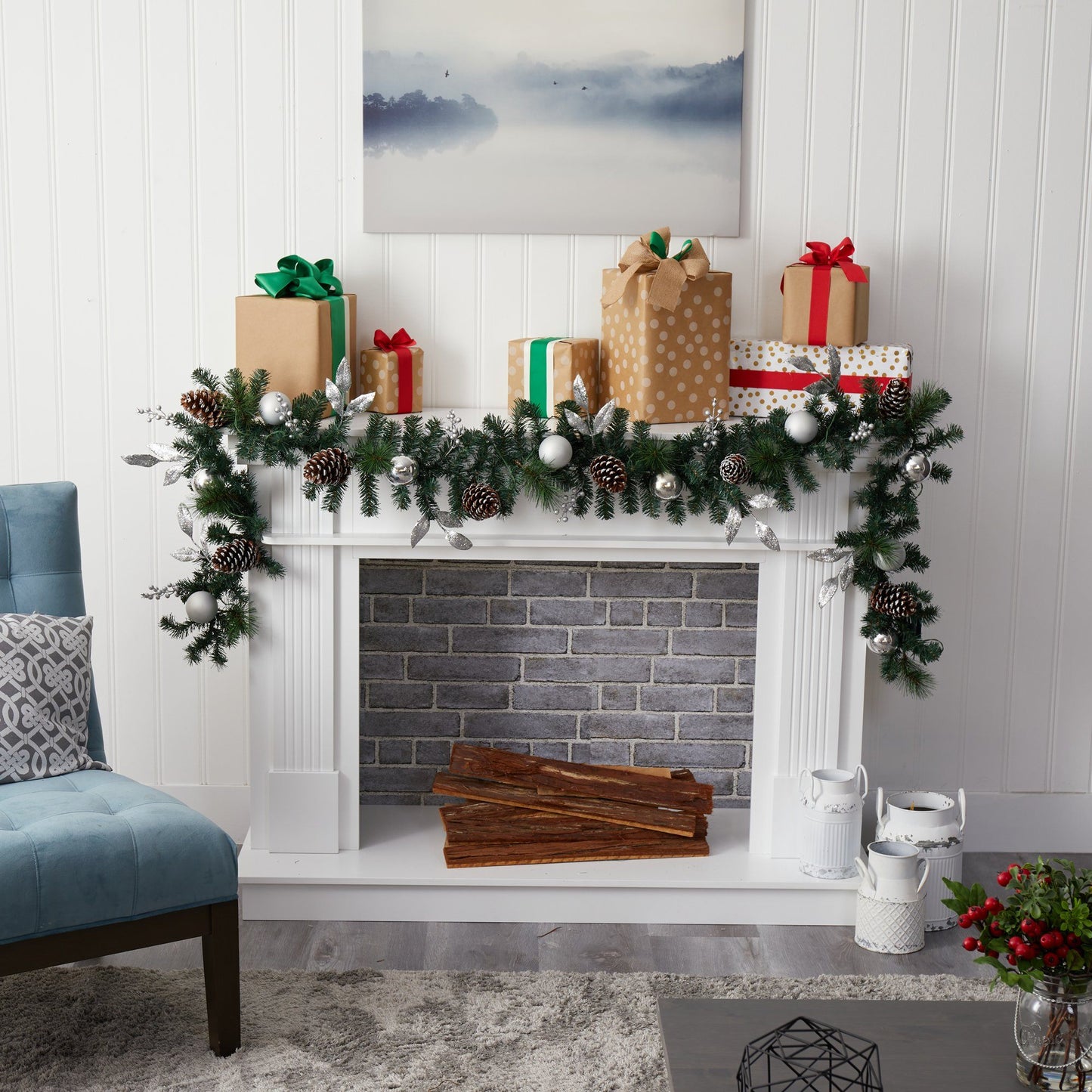 9’ Ornament and Pinecone Artificial Christmas Garland with 50 Clear LED Lights - Nearly Natural