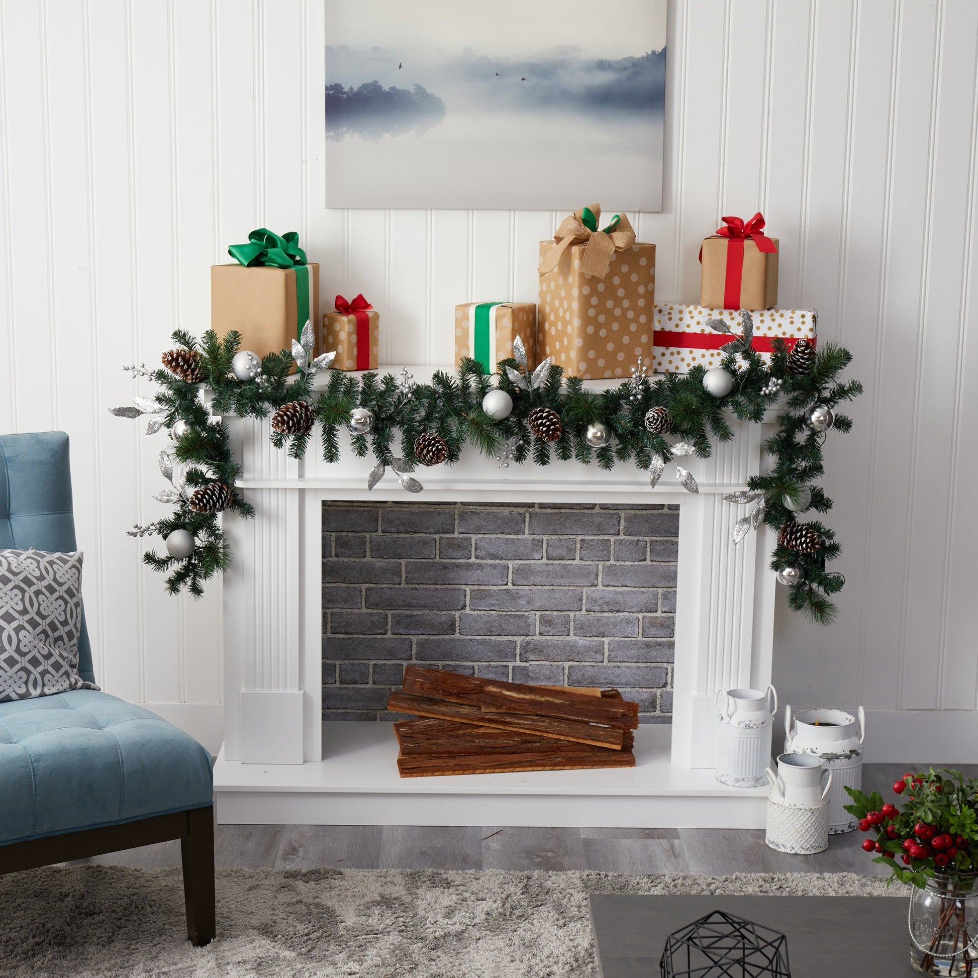 9’ Ornament and Pinecone Artificial Christmas Garland with 50 Clear LED Lights - Nearly Natural