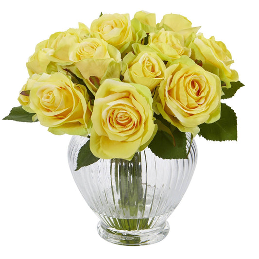 Arreglo floral artificial con rosas de 9” en elegante jarrón de vidrio