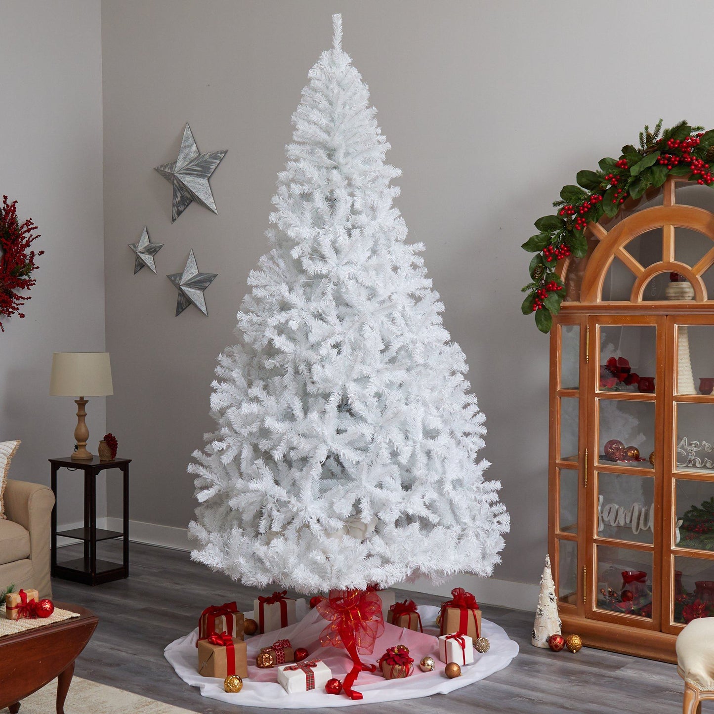 Árbol de Navidad artificial blanco de 9 pies con 1860 ramas flexibles y 650 luces LED