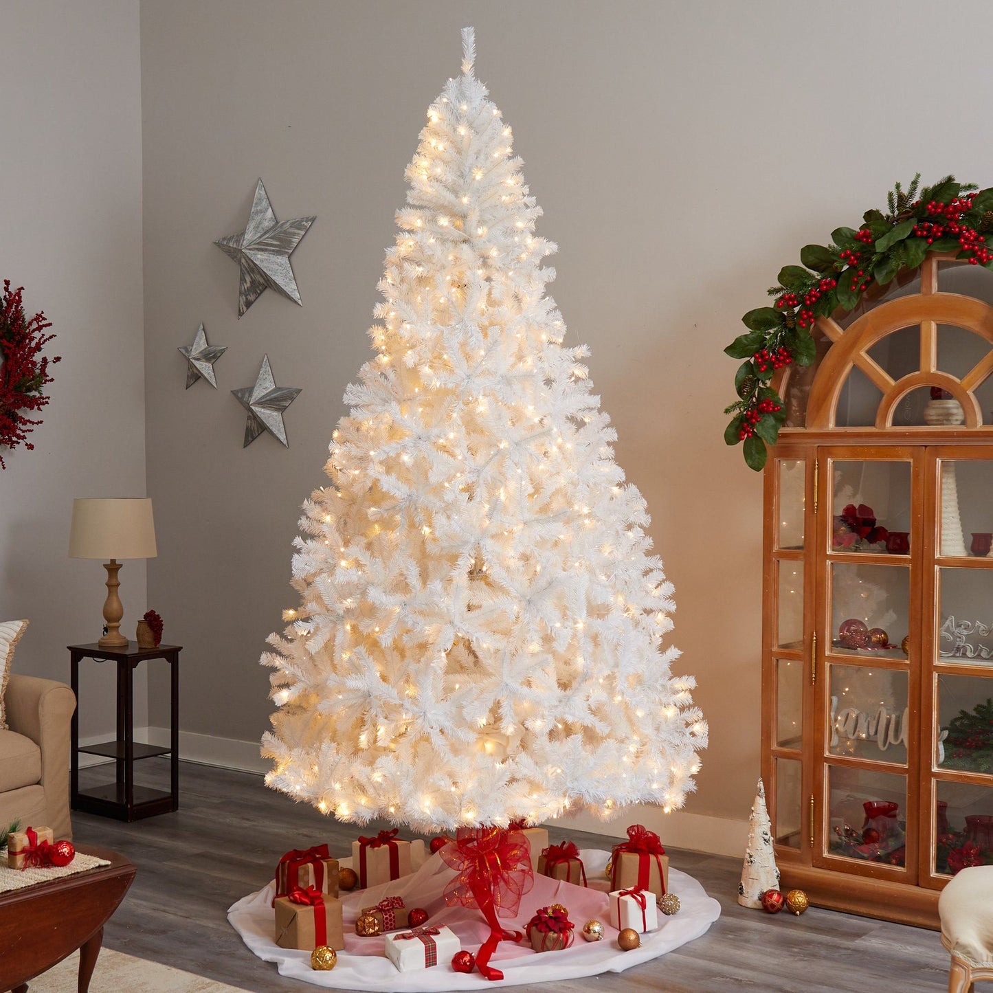 Árbol de Navidad artificial blanco de 9 pies con 1860 ramas flexibles y 650 luces LED