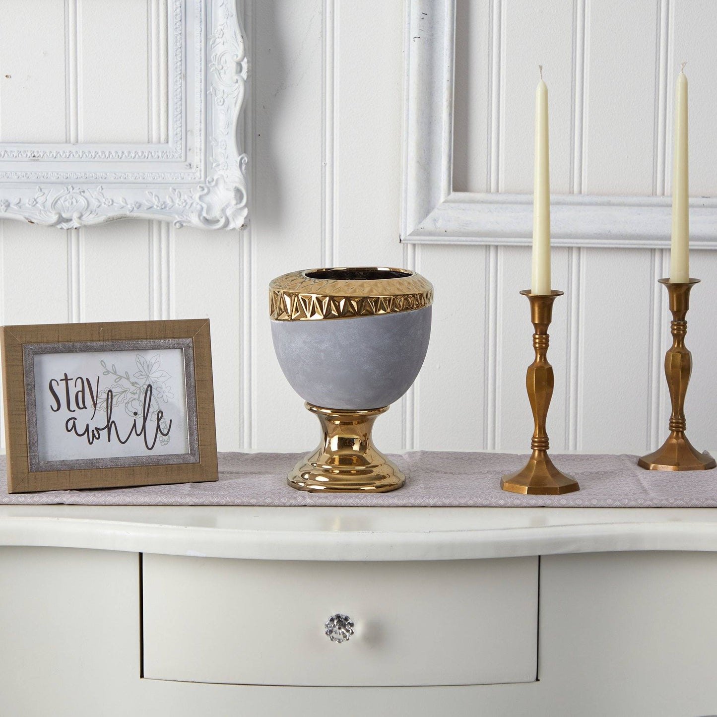 9.25” Regal Stone Urn with Gold Accents