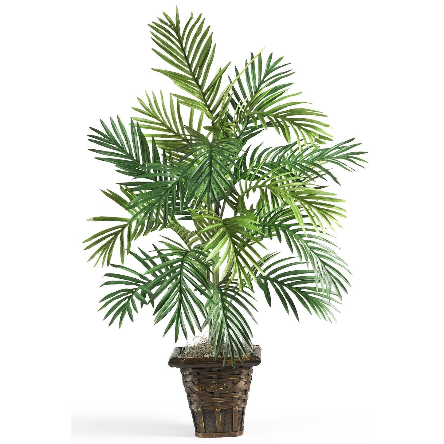 Planta de seda con forma de palma areca y cesta de mimbre