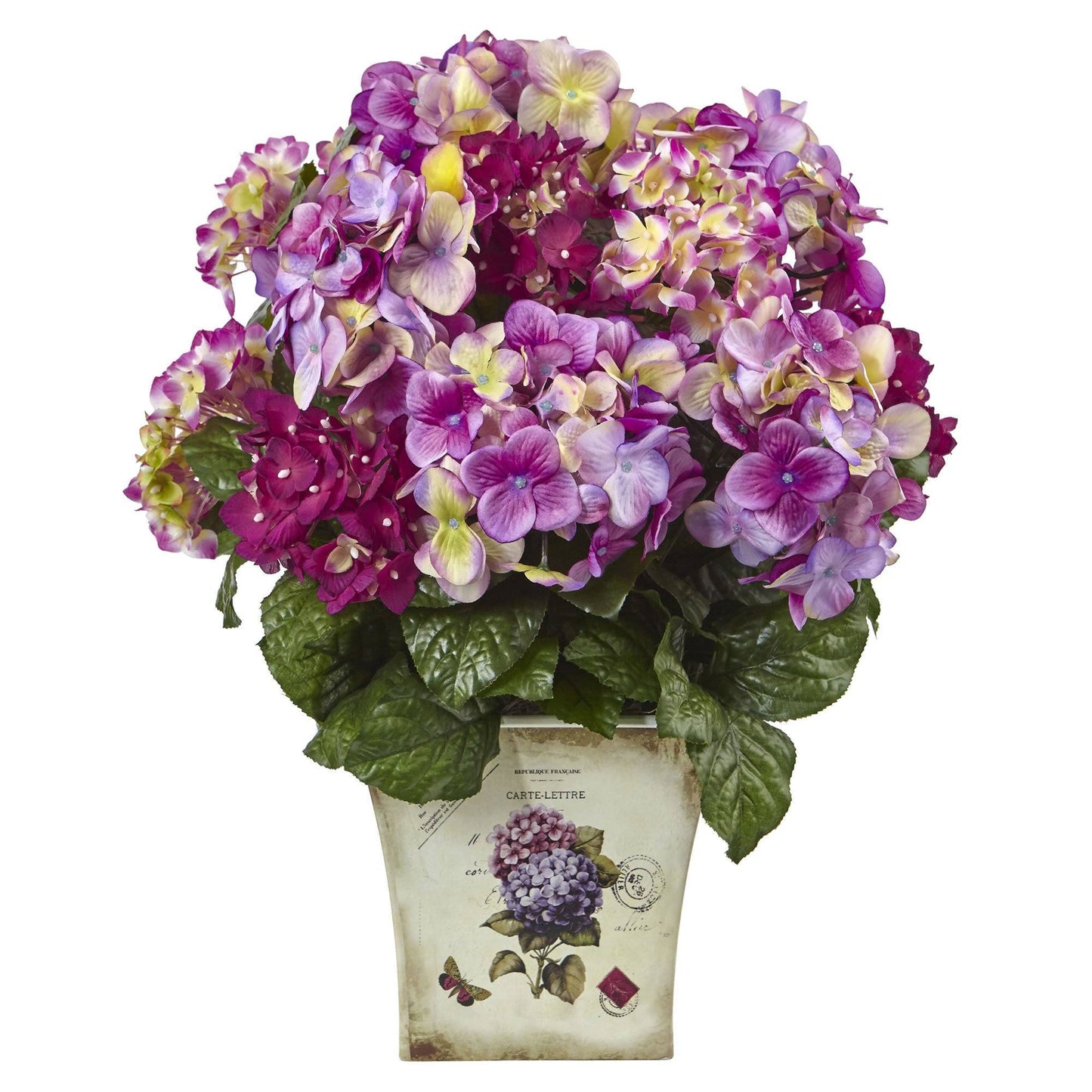 Hortensia bleu, violet et blanc avec jardinière florale