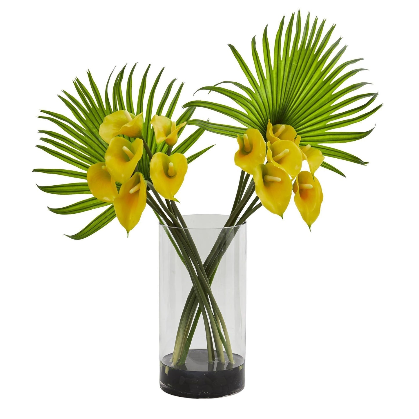 Calla Lily and Fan Palm Artificial Arrangement in Cylinder Glass